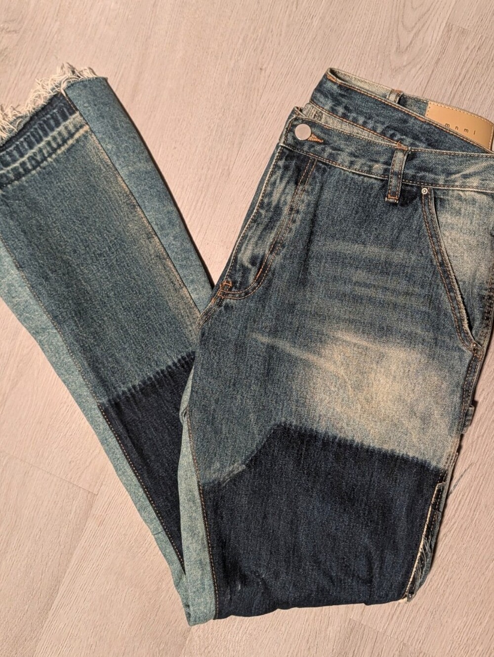MNML Blue Jeans Mens Size 33x32 Distressed Patch flared 100% Cotton Grunge Y2k